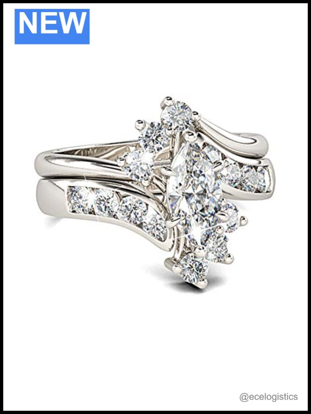 Marquise Cut Sterling Silver Bridal Set Bypass Wedding Rings